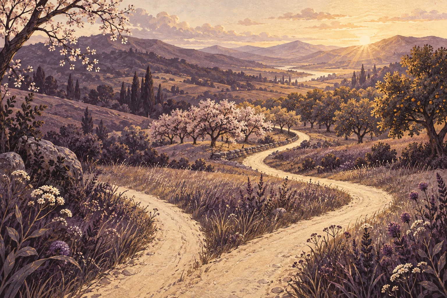 Two paths meet among flowering trees and wind through an orchard toward sunlit hills.